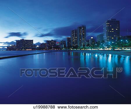 Waikiki beach at night, Oahu, Hawaii, USA View Large Photo Image Stock Photo - Waikiki beach at night, Oahu, Hawaii, USA. Fotosearch