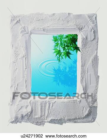 Stock Image - Water and leafy branch in a frame. Fotosearch
