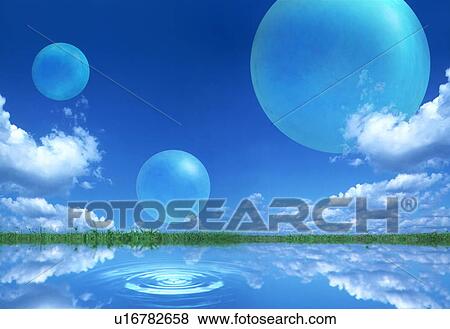 Stock Photo - Water surface with sky and bubbles. Fotosearch