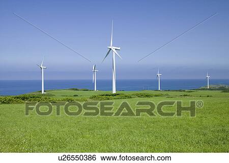 Stock Photograph - Wind farm, Tomamae town, Hokkaido Prefecture, Japan. Fotosearch