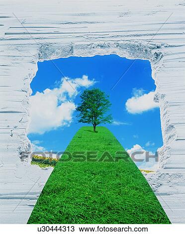 Window in a wall with grass platform leading to a single tree View Large Photo Image Stock Image - Window in a wall with grass platform leading to a single tree. Fotosearch