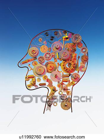 Stock Image - Wire sculpted to form head filled with machinery parts. Fotosearch
