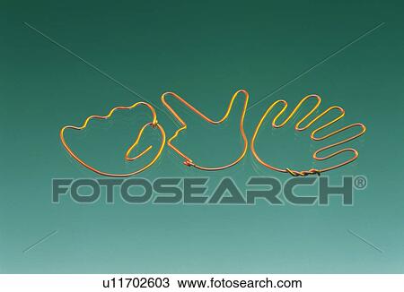 Stock Image - Wire sculpted to form paper/rock/scissors hands. Fotosearch