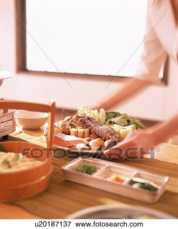 Woman placing plate of food on the table View Large Photo Image Stock Photo - Woman placing plate of food on the table. Fotosearch