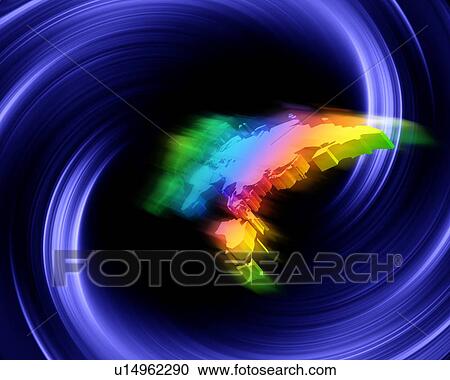 Stock Image - World map being pulled into vortex, computer graphic, blurred motion. Fotosearch