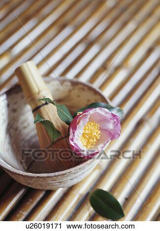 Stock Image - A camellia, a teacup, and a bamboo whisk. Fotosearch