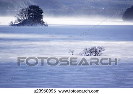 Stock Photography - Akimoto lake during winter, Kitashiobara-son, Fukushima Prefecture, Japan. Fotosearch