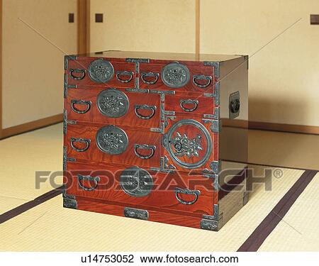 Stock Image - Antique Japanese cabinet, Miyagi Prefecture, Japan. Fotosearch