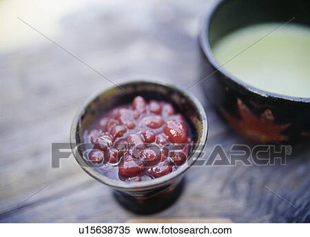 Stock Photography - Azuki beans and matcha on table. Fotosearch