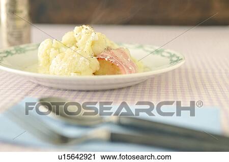 Stock Image - Bacon with cauliflower and cheese. Fotosearch
