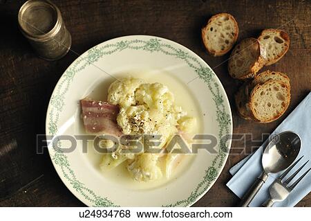 Stock Photo - Bacon with cauliflower and cheese. Fotosearch