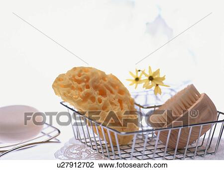 Stock Image - Bathroom sponge, nailbrush and soap. Fotosearch