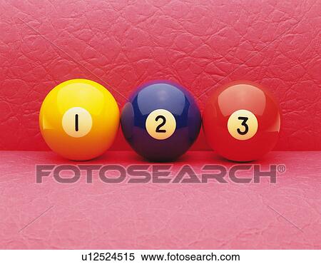 Stock Photography - Billiard balls numbered 1, 2 and 3 in a row. Fotosearch