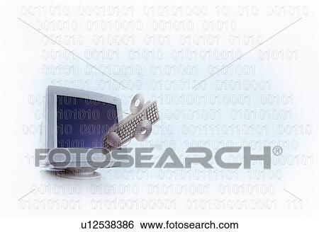 Stock Photograph - Binary code over computer screen and accessories. Fotosearch
