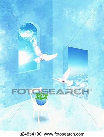 Stock Image - Birds flying in through windows. Fotosearch