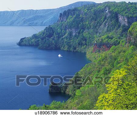 Stock Photograph - Boat on lake, Towada, Aormori Prefecture, Japan. Fotosearch