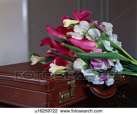 Stock Image - Briefcase and a bunch of tulips. Fotosearch