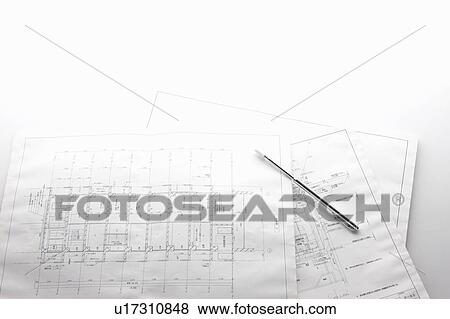 Stock Photo - Building plan and a pen. Fotosearch
