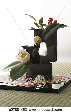 Stock Image - Camellia and sarcandra glabra in boxes with a mizuhiki crane. Fotosearch