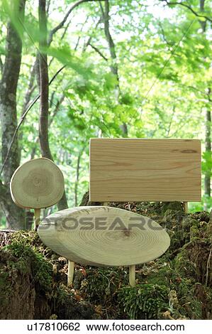 Stock Image - Carved wooden signs in a forest. Fotosearch