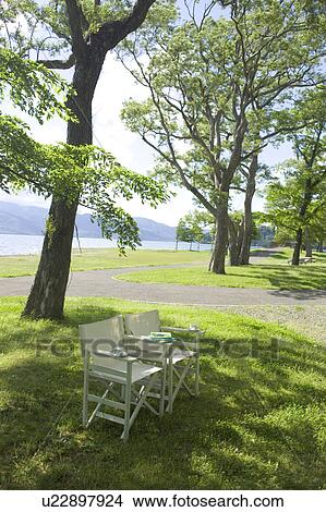 Picture - Chairs in a park by the lake, Towada, Aomori Prefecture, Japan. Fotosearch