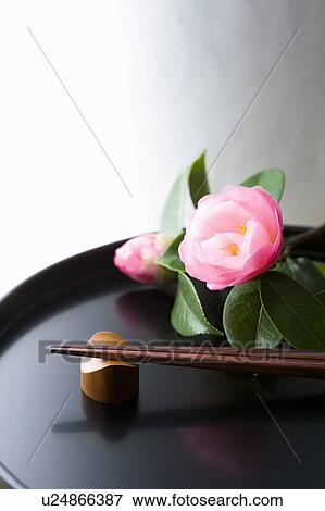 Stock Photo - Chopsticks and a camellia on a tray. Fotosearch