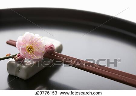 Stock Image - Chopsticks and a plum blossom on a tray. Fotosearch