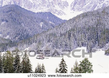 Church surrounded by mountains and forest in winter, Dolomites, Italy View Large Photo Image Stock Image - Church surrounded by mountains and forest in winter, Dolomites, Italy. Fotosearch