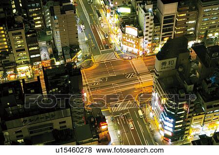Stock Photo - City intersection at night, Minato Ward, Tokyo, Japan. Fotosearch