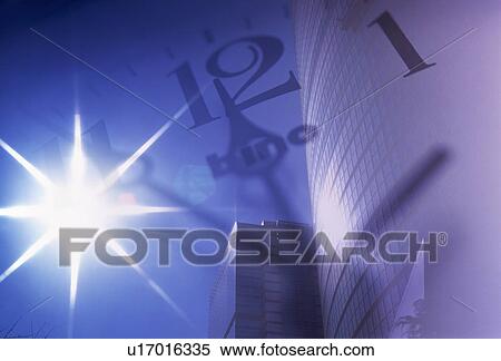 Stock Photography - Clock superimposed on buildings and sky. Fotosearch