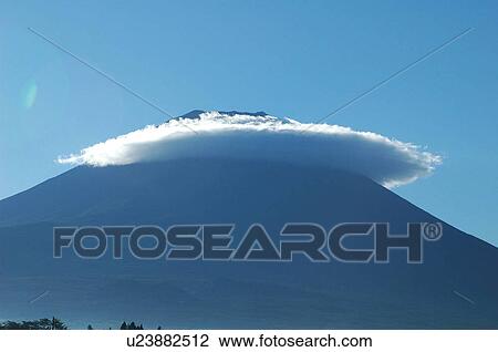 Stock Image - Cloud around top of Mt Fuji, Kawaguchiko-machi, Yamanashi Prefecture, Japan. Fotosearch