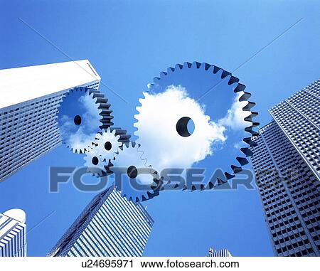 Cogs reflecting clouds and skyscrapers View Large Photo Image Stock Image - Cogs reflecting clouds and skyscrapers. Fotosearch