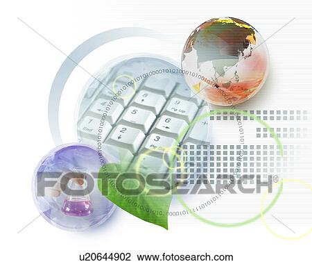 Stock Image - Composite with man holing a beaker, computer keyboard and binary codes. Fotosearch