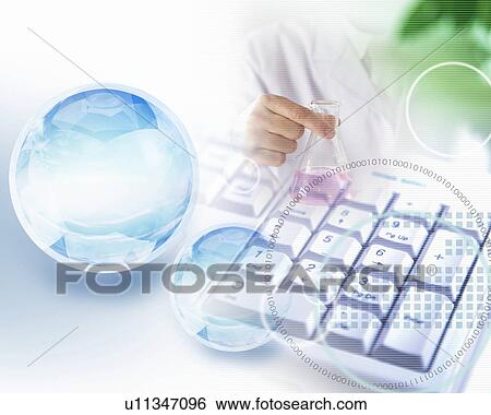 Stock Photograph - Composite with man holing a beaker, computer keyboard and binary codes. Fotosearch