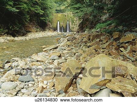 Stock Image - Dam and barrier to prevent landslides, Nasushiobara, Tochigi Prefecture, Japan. Fotosearch