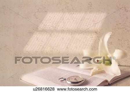 Stock Photo - Digital composite of a lily, book and pocketwatch against textured wall. Fotosearch