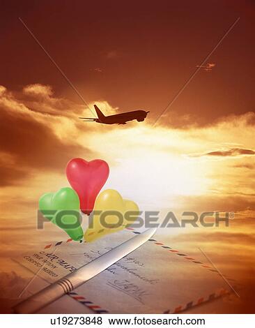 Digital composite of an airplane at sunset, heart shaped balloons and airmail letter View Large Photo Image Stock Photo - Digital composite of an airplane at sunset, heart shaped balloons and airmail letter. Fotosearch