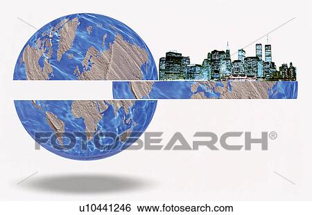 Stock Photograph - Digital image of a globe and a cityscape. Fotosearch