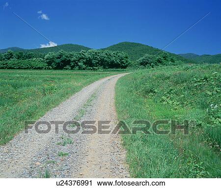 Stock Image - Dirt road through a field. Iwanai-machi, Hokkaido, Japan. Fotosearch