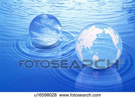 Earth and a sphere reflecting a blue sky floating on water View Large Photo Image Stock Photo - Earth and a sphere reflecting a blue sky floating on water. Fotosearch