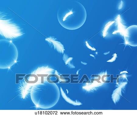 Stock Image - Floating feathers and bubbles. Fotosearch