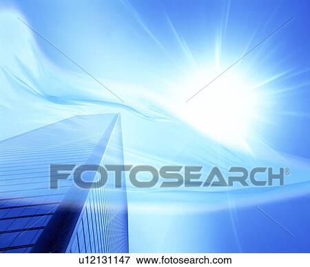 Stock Photo - Flowing material over a bright sun and skyscraper. Fotosearch