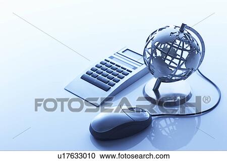 Stock Image - Globe, calculator and computer mouse. Fotosearch