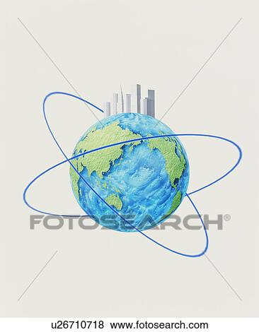 Stock Photo - Globe, orbit and skyscrapers. Fotosearch