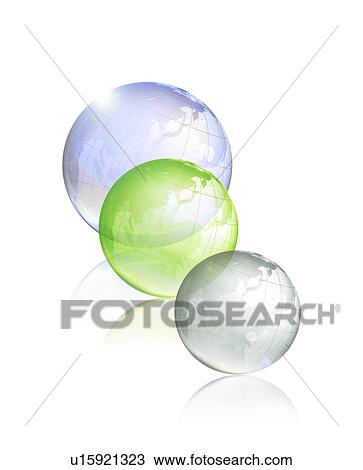 Stock Image - Green globe between silver globes. Fotosearch