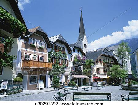 Stock Image - Grote Markt in Hallstatt, Salzkammergut, Austria. Fotosearch