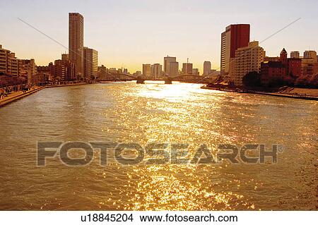 Harbour at sunset, Chuo Ward, Tokyo, Japan View Large Photo Image Picture - Harbour at sunset, Chuo Ward, Tokyo, Japan. Fotosearch