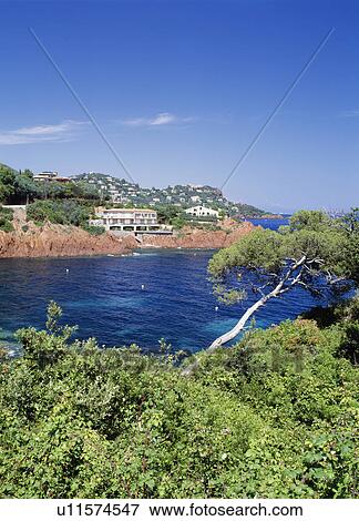 Stock Photo - Houses on coastline of Miramar. Cote d'Azur, France. Fotosearch