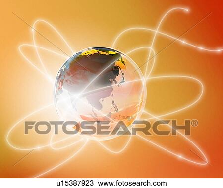 Stock Image - Illuminated lines circling the Earth. Fotosearch