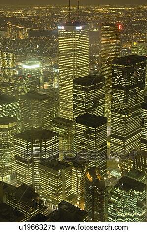 Stock Photography - Illuminated skyscrapers at night, Toronto, Ontario, Canada. Fotosearch